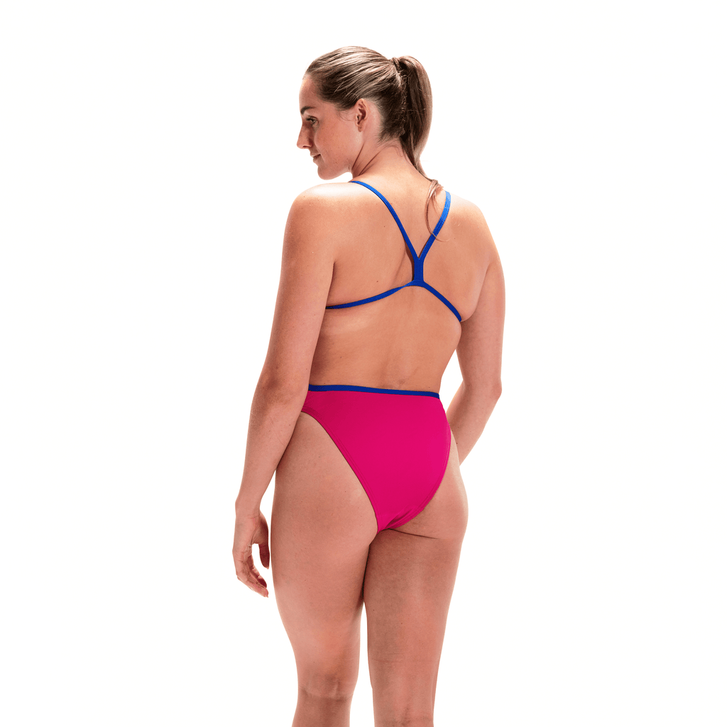 Speedo Solid V Back Womens Swimsuit Pink Blue