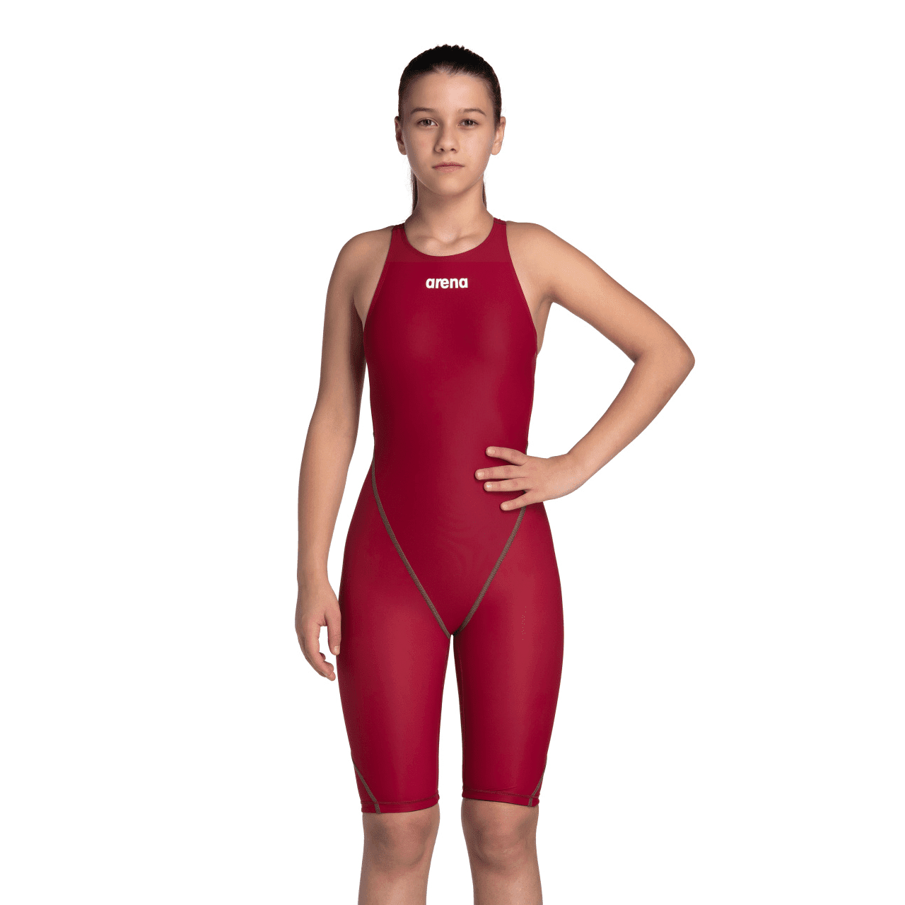Arena Powerskin ST NEXT Junior Girls Open Back Kneeskin - Deep Red-Kneeskin-Arena-SwimPath