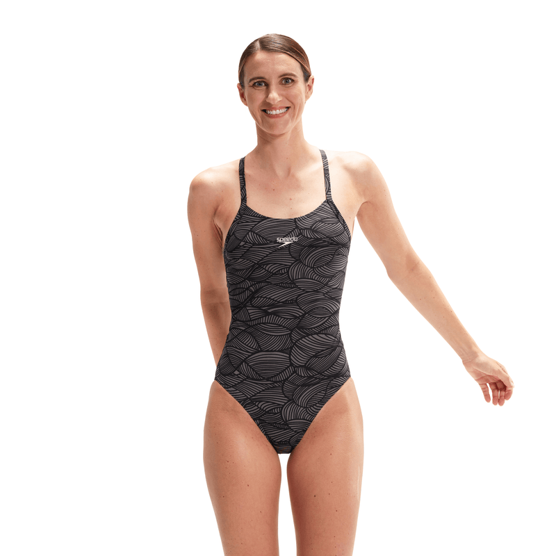 Speedo Fixed Crossback Womens Swimsuit Black Grey
