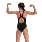 Speedo Junior Girl's Boom Logo Splice Muscleback Swimsuit - Black/Pink-Swimsuit-Speedo-SwimPath