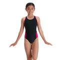 Speedo Junior Girl's Boom Logo Splice Muscleback Swimsuit - Black/Pink-Swimsuit-Speedo-SwimPath